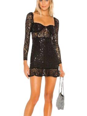 Lovers And Friends Penelope Black Mini Sequin Embellished Lace Fabric Dress
